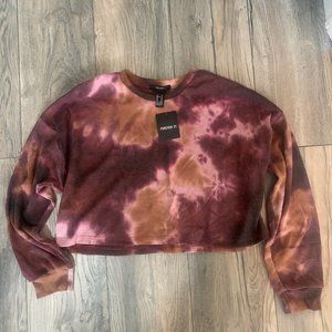 NWT FOREVER 21 TIE DYE WAFFLE KNIT LONG SLEEVE CROP TOP BURGUNDY/MULTI MEDIUM